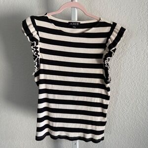 J.Crew Women's Black White Striped Ribbed Flutter Sleeve Top Size Small Casual